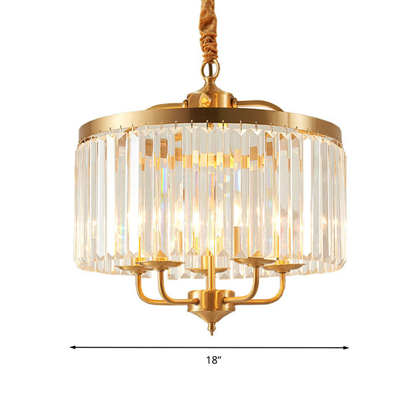 Crystal Cylinder Chandelier Lighting Modernist 4 Heads Hanging Pendant Light in Brass with Curved Metal Arm