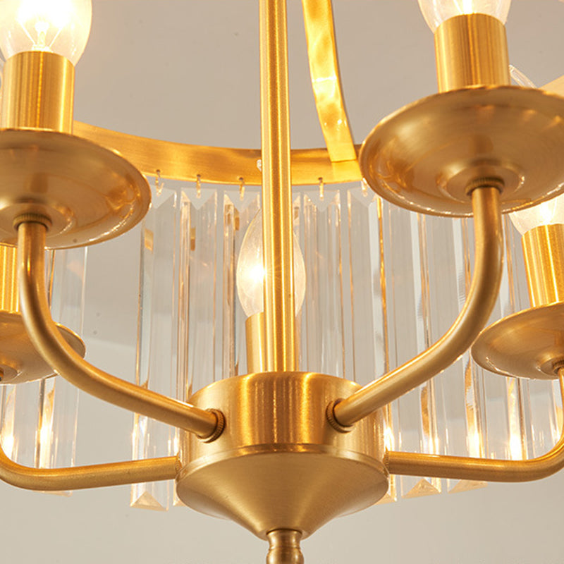 Crystal Cylinder Chandelier Lighting Modernist 4 Heads Hanging Pendant Light in Brass with Curved Metal Arm