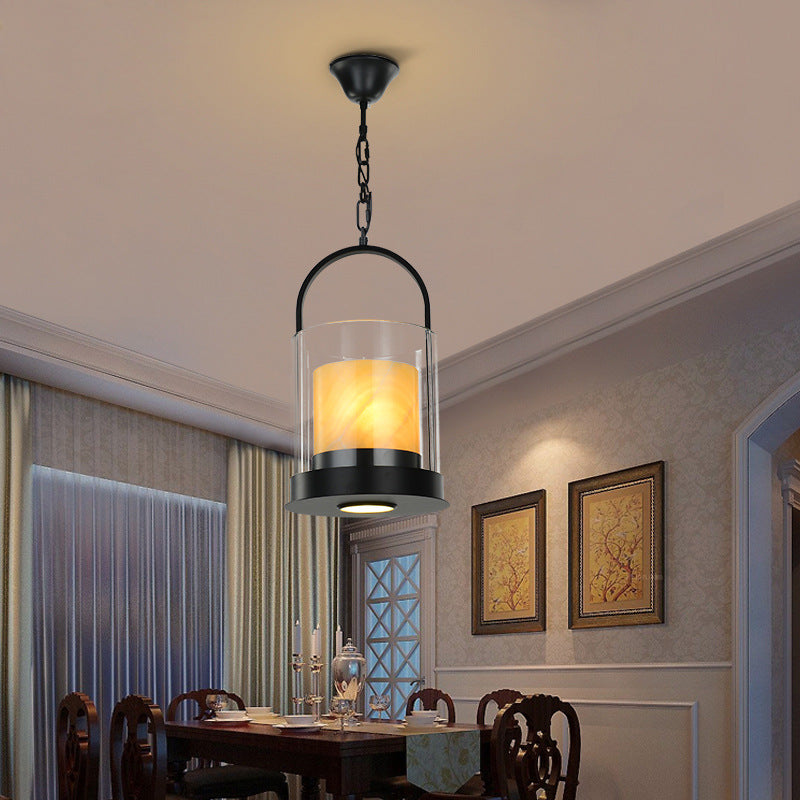 Contemporary Cylindrical Suspension Light 2 Heads Clear Glass Ceiling Lamp with Inner Marble Shade for Dining Room