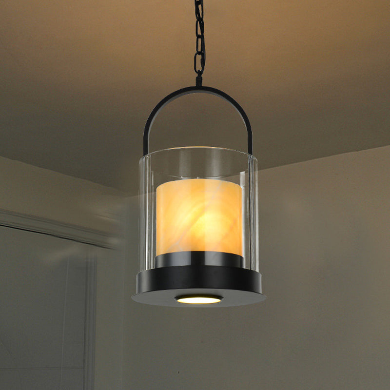 Contemporary Cylindrical Suspension Light 2 Heads Clear Glass Ceiling Lamp with Inner Marble Shade for Dining Room