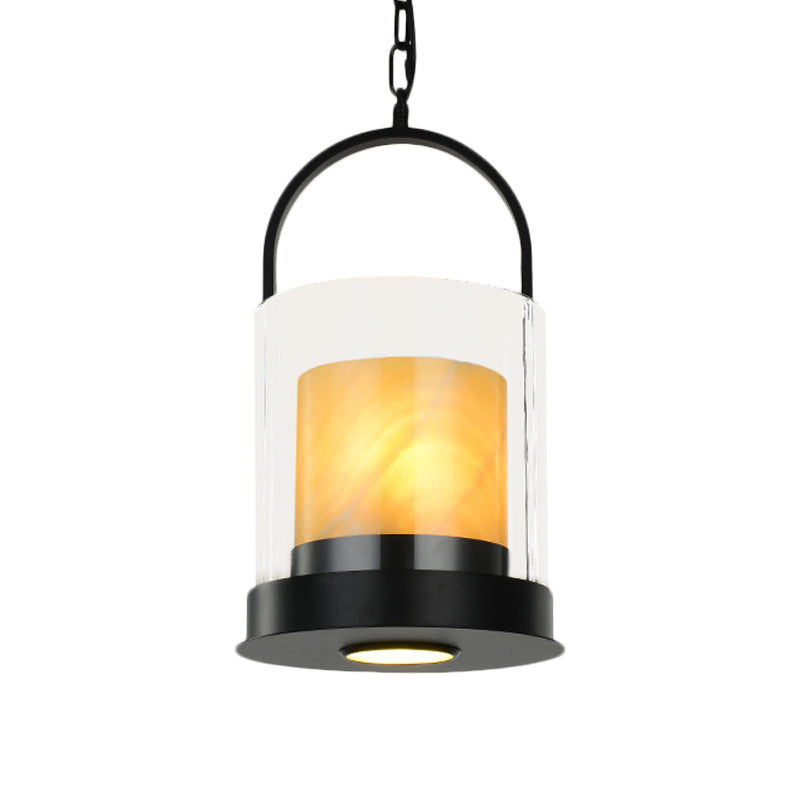 Contemporary Cylindrical Suspension Light 2 Heads Clear Glass Ceiling Lamp with Inner Marble Shade for Dining Room