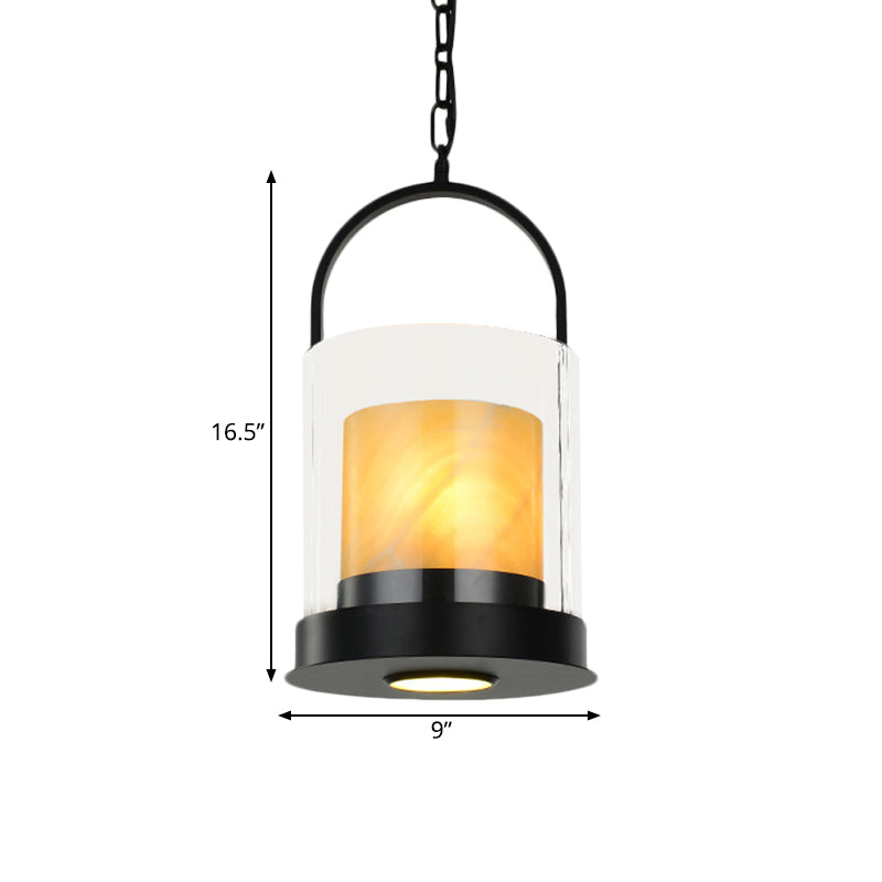 Contemporary Cylindrical Suspension Light 2 Heads Clear Glass Ceiling Lamp with Inner Marble Shade for Dining Room