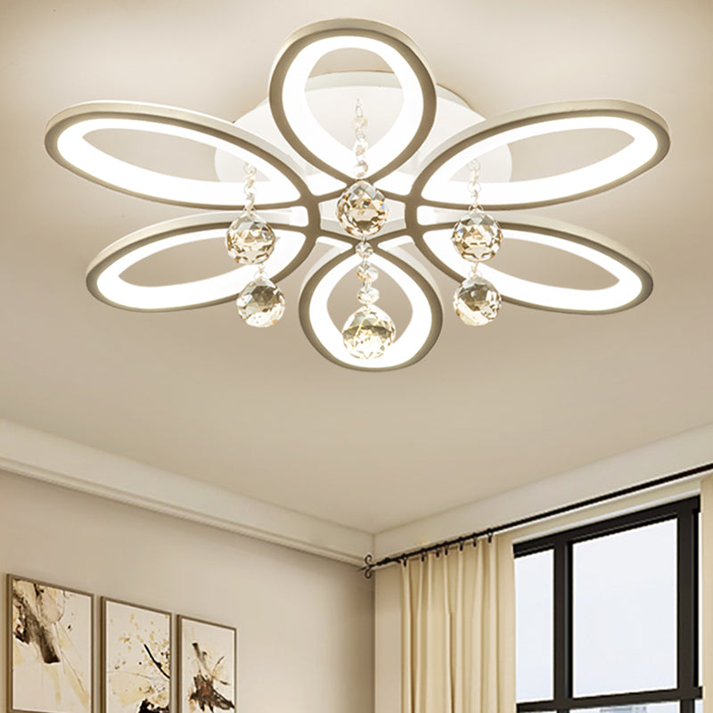 Acrylic Floral Flush Light Modernist LED Ceiling Light Fixture in White with Crystal Ball for Bedroom