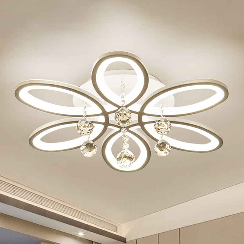 Acrylic Floral Flush Light Modernist LED Ceiling Light Fixture in White with Crystal Ball for Bedroom