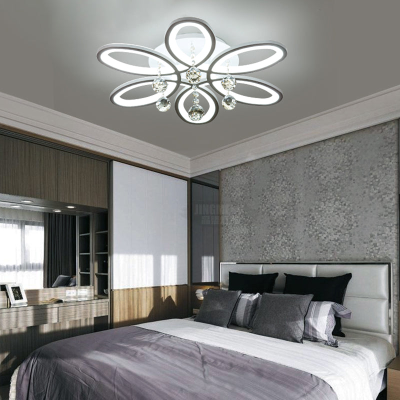 Acrylic Floral Flush Light Modernist LED Ceiling Light Fixture in White with Crystal Ball for Bedroom