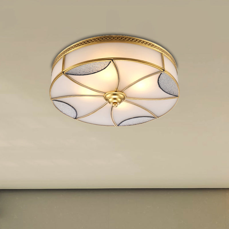 Gold 4/6 Lights Ceiling Mount Vintage Style Curved Frosted Glass Panel Drum Flush Light Fixture for Living Room, 18"/21.5" W