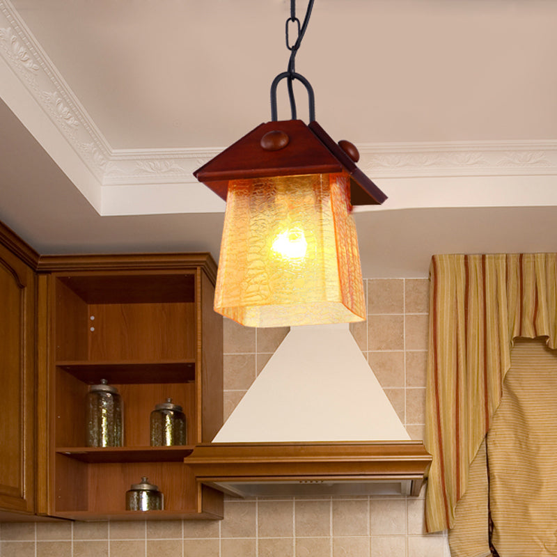 Single Square Pyramid Hanging Pendant Mission Textured White Glass Ceiling Lamp with Brown Shade