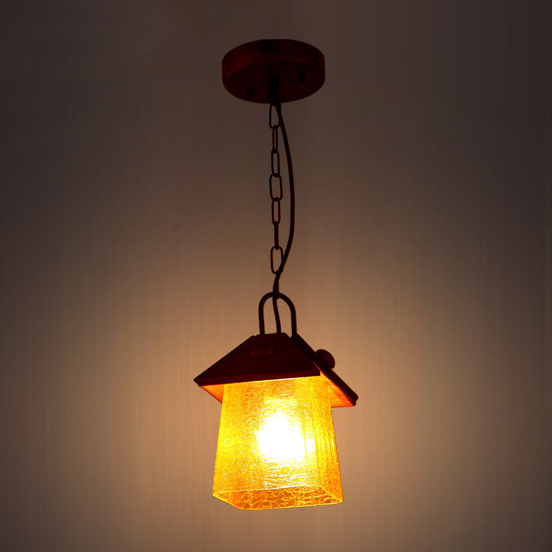 Single Square Pyramid Hanging Pendant Mission Textured White Glass Ceiling Lamp with Brown Shade