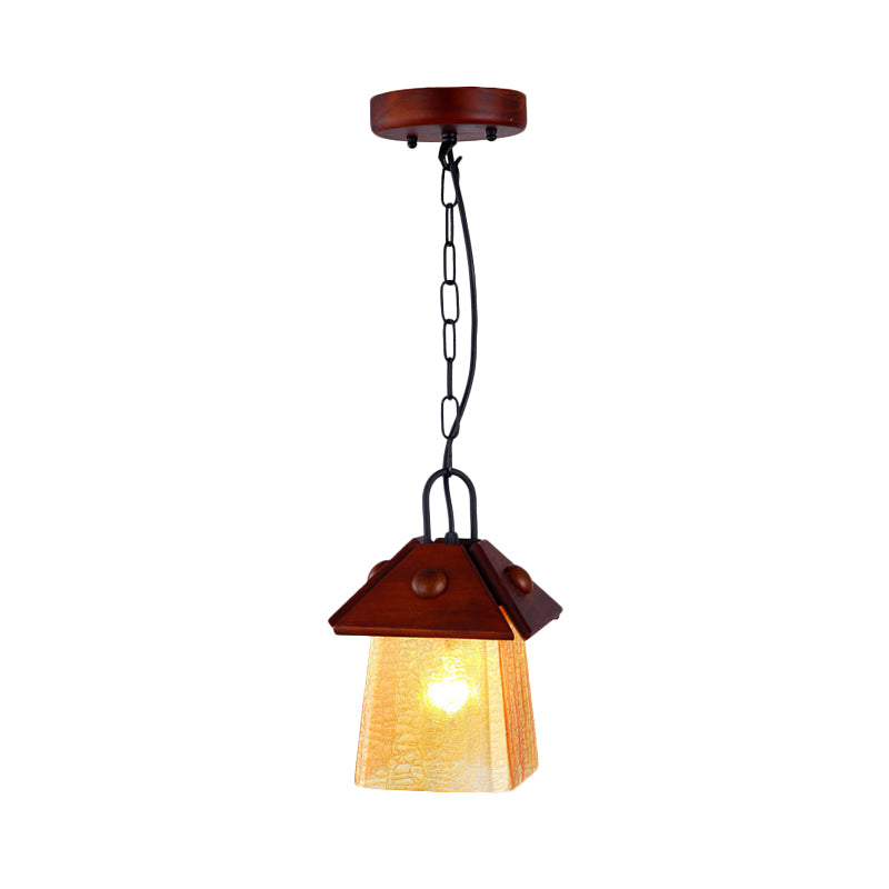 Single Square Pyramid Hanging Pendant Mission Textured White Glass Ceiling Lamp with Brown Shade