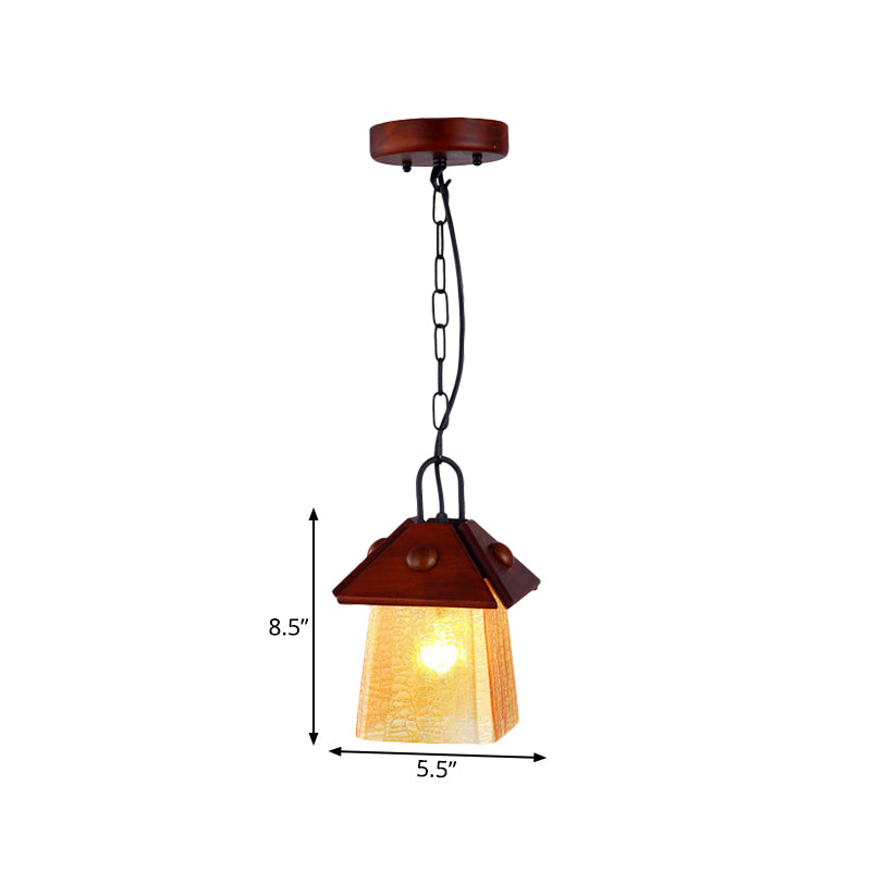 Single Square Pyramid Hanging Pendant Mission Textured White Glass Ceiling Lamp with Brown Shade