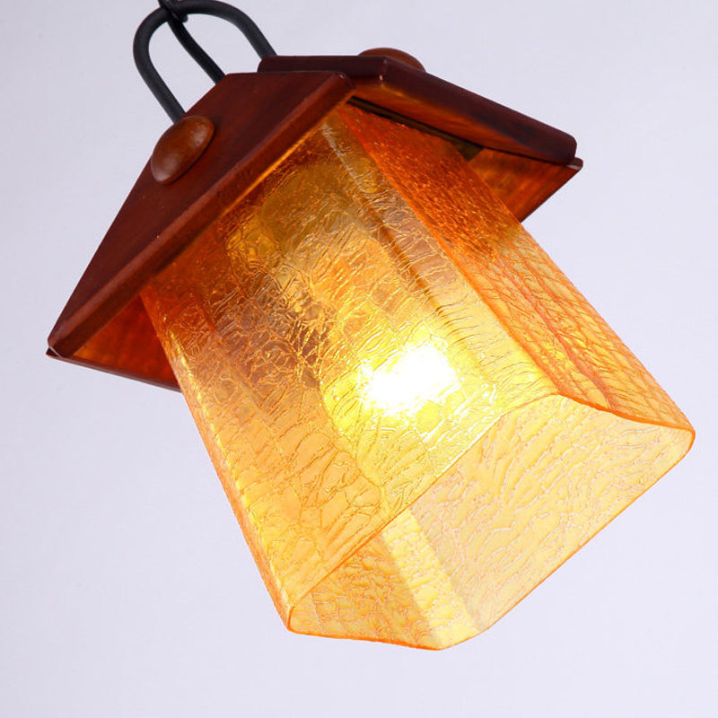 Single Square Pyramid Hanging Pendant Mission Textured White Glass Ceiling Lamp with Brown Shade