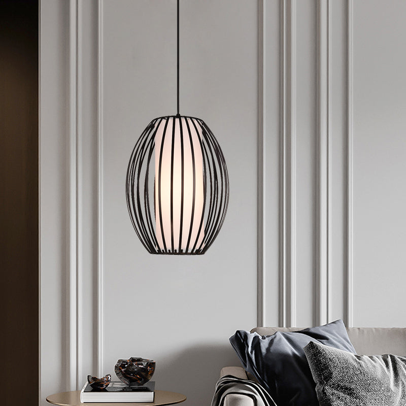 Oval Iron Ceiling Pendant Light Simplicity Single Light Black Suspension Lighting