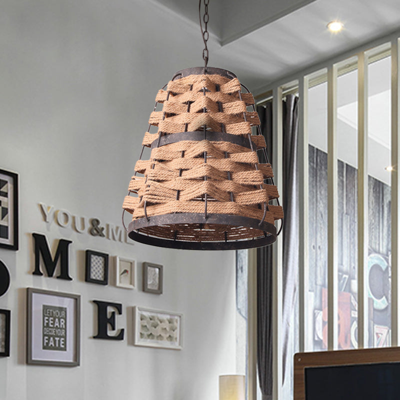 Rustic Tapered Suspension Pendant 1 Bulb Flaxen Hemp Rope Woven Ceiling Lamp with Metal Frame