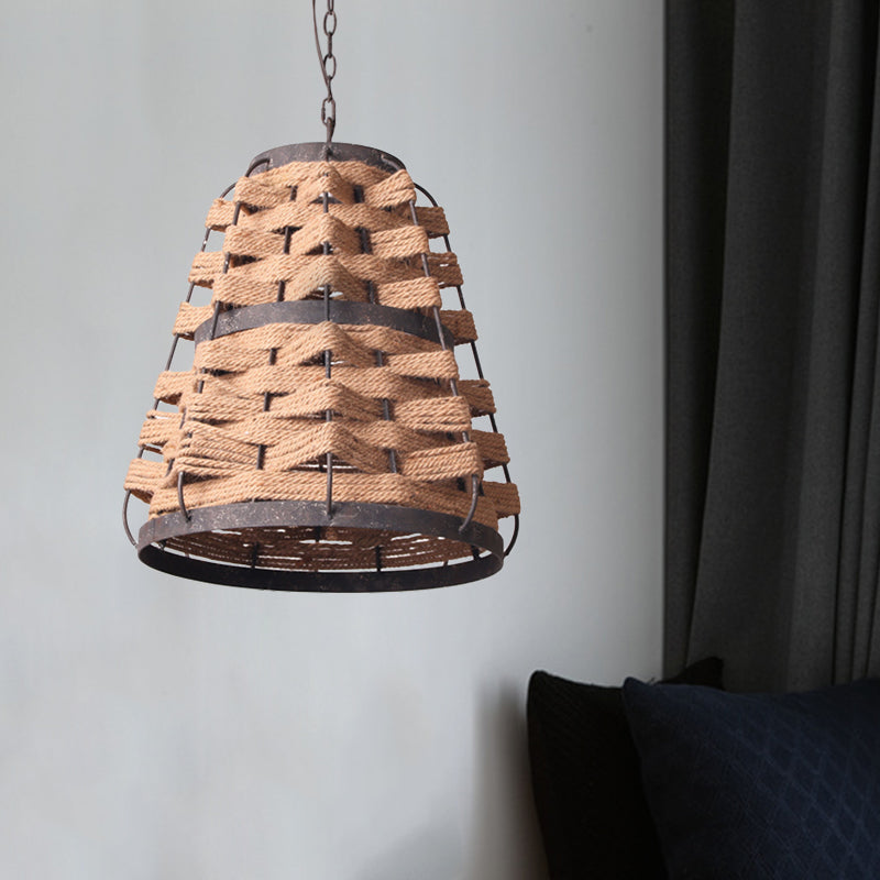 Rustic Tapered Suspension Pendant 1 Bulb Flaxen Hemp Rope Woven Ceiling Lamp with Metal Frame