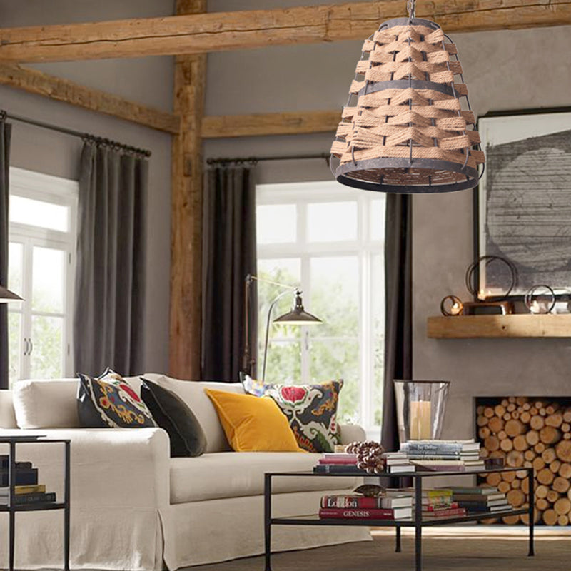 Rustic Tapered Suspension Pendant 1 Bulb Flaxen Hemp Rope Woven Ceiling Lamp with Metal Frame