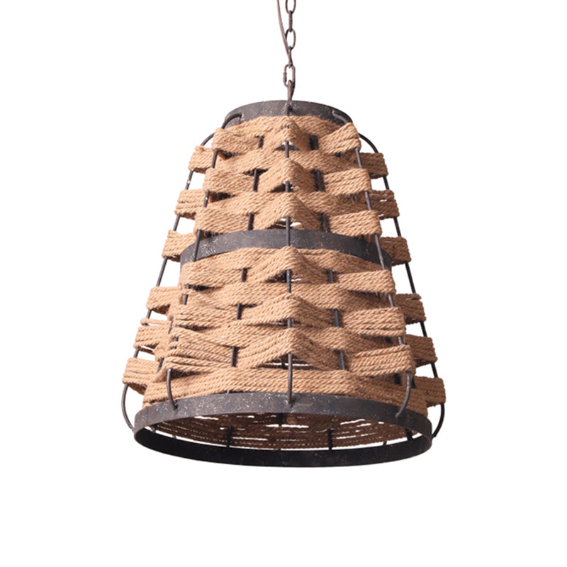 Rustic Tapered Suspension Pendant 1 Bulb Flaxen Hemp Rope Woven Ceiling Lamp with Metal Frame