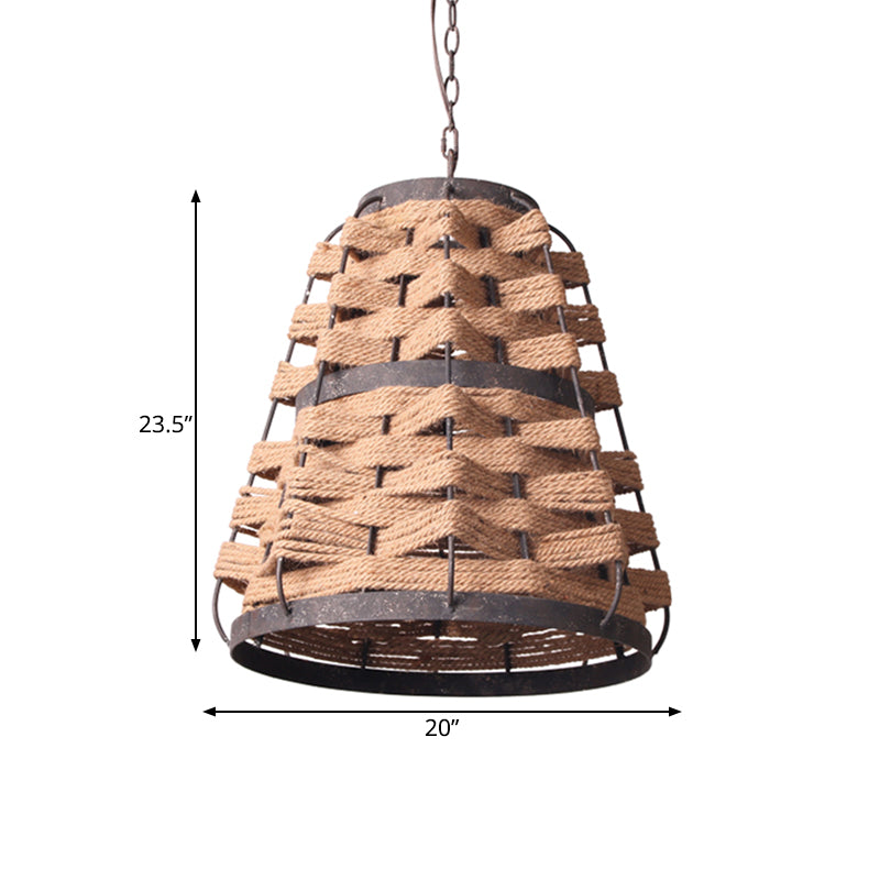 Rustic Tapered Suspension Pendant 1 Bulb Flaxen Hemp Rope Woven Ceiling Lamp with Metal Frame