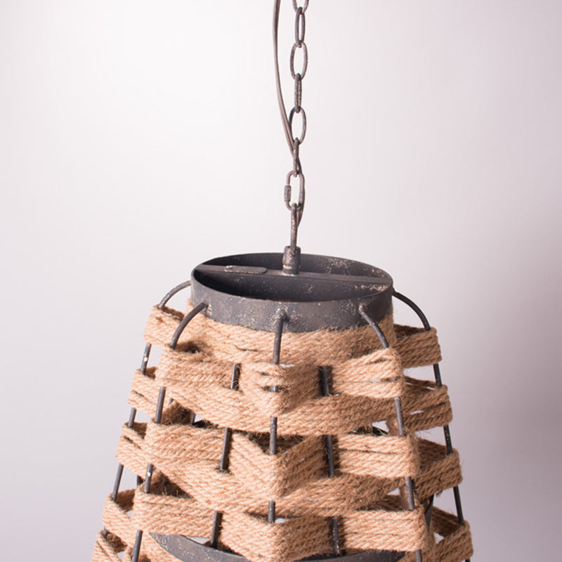 Rustic Tapered Suspension Pendant 1 Bulb Flaxen Hemp Rope Woven Ceiling Lamp with Metal Frame