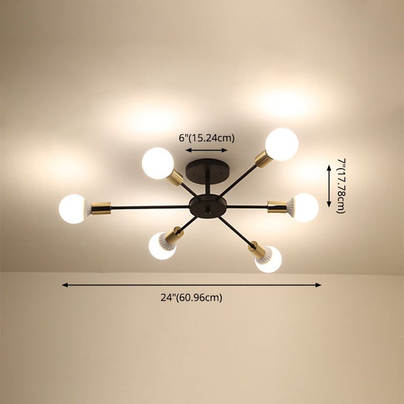 Bare Bulb Sputnik Semi Flush Mount in Industrial Style Wrought Iron Ceiling Light for Living Room