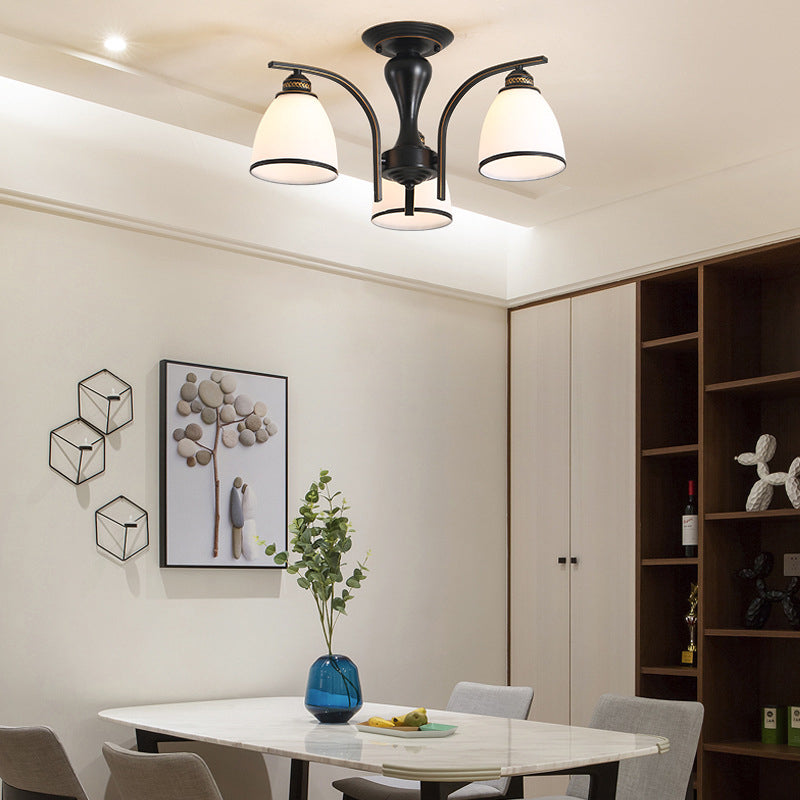 Iron Black Semi Flush Mount in Traditional Retro Style Glass Sputnik Ceiling Light for Living Room