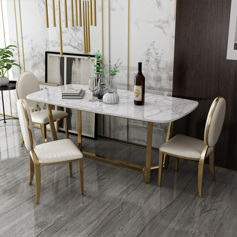 Modern Style Marble Dining Room Set with White Table and Gold Trestle Base for Home Use