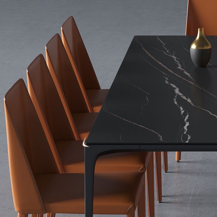 Set da pranzo nero moderno in pietra sinterizzato con tavolo rettangolo e set da pranzo formale di base in metallo