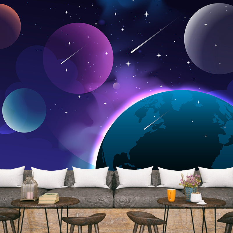 Outer Space Mural Meteor Illustration Stain Resistant Children's Art Bedroom Wall Decor