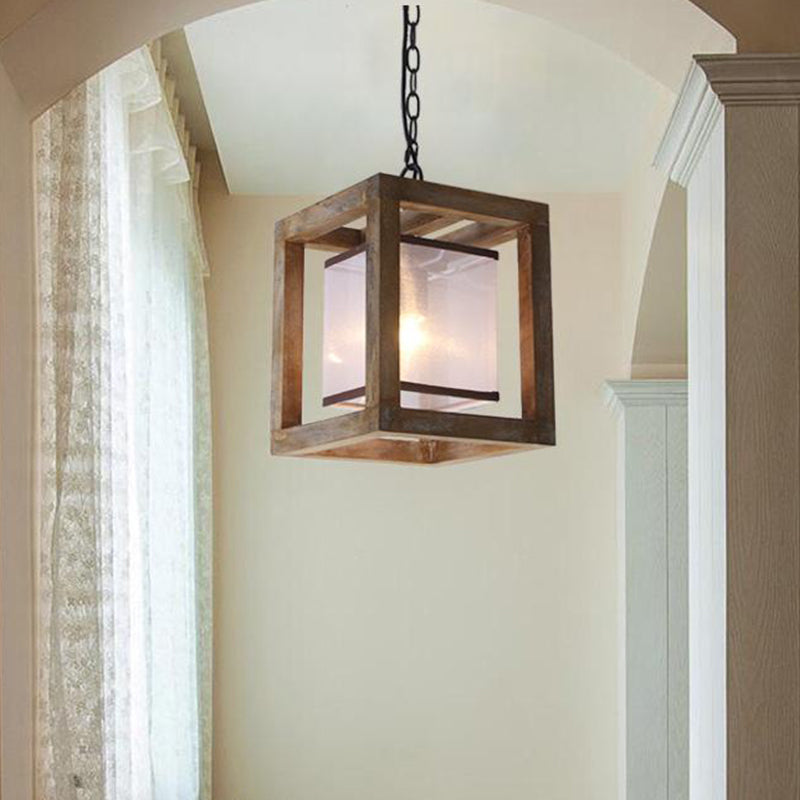 Square Living Room Hanging Light Kit Traditional Wood 1 Light Brown Pendant Lighting with Fabric Shade