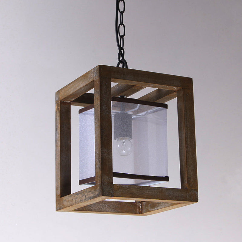 Square Living Room Hanging Light Kit Traditional Wood 1 Light Brown Pendant Lighting with Fabric Shade