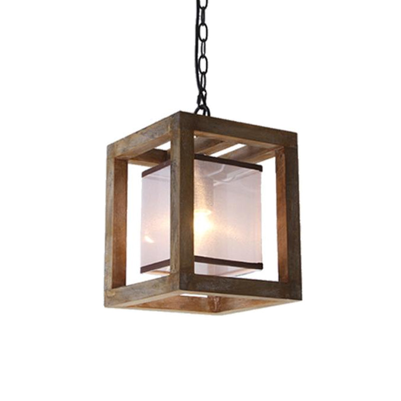 Square Living Room Hanging Light Kit Traditional Wood 1 Light Brown Pendant Lighting with Fabric Shade