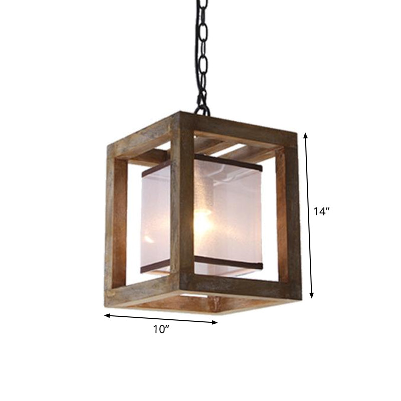 Square Living Room Hanging Light Kit Traditional Wood 1 Light Brown Pendant Lighting with Fabric Shade