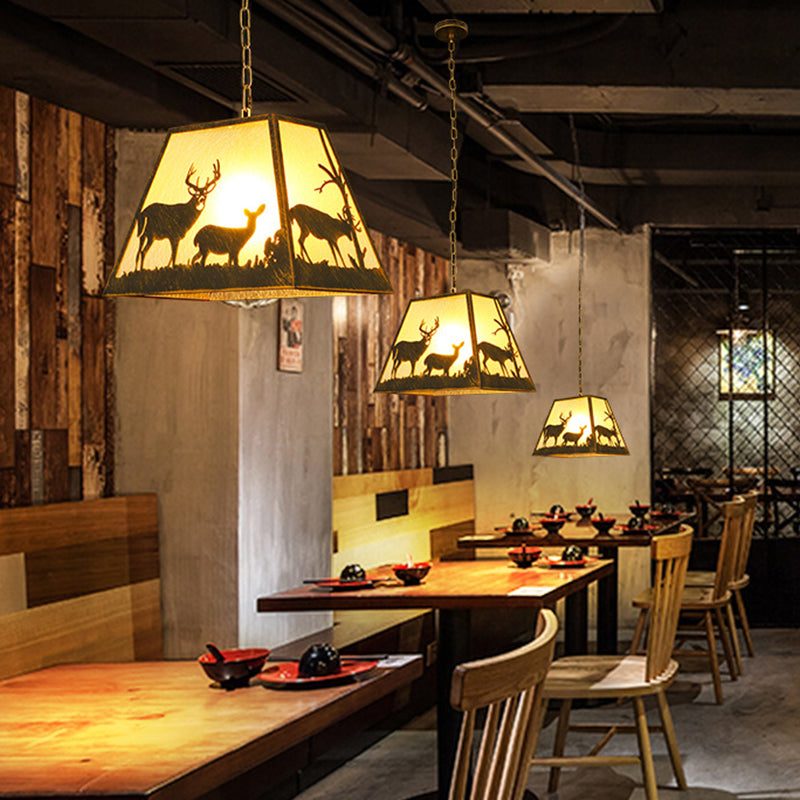 Rustic Trapezoid hanglamp 1 licht metalen hangende verlichtingsarmatuur in bruin voor restaurant met elandenpatroon