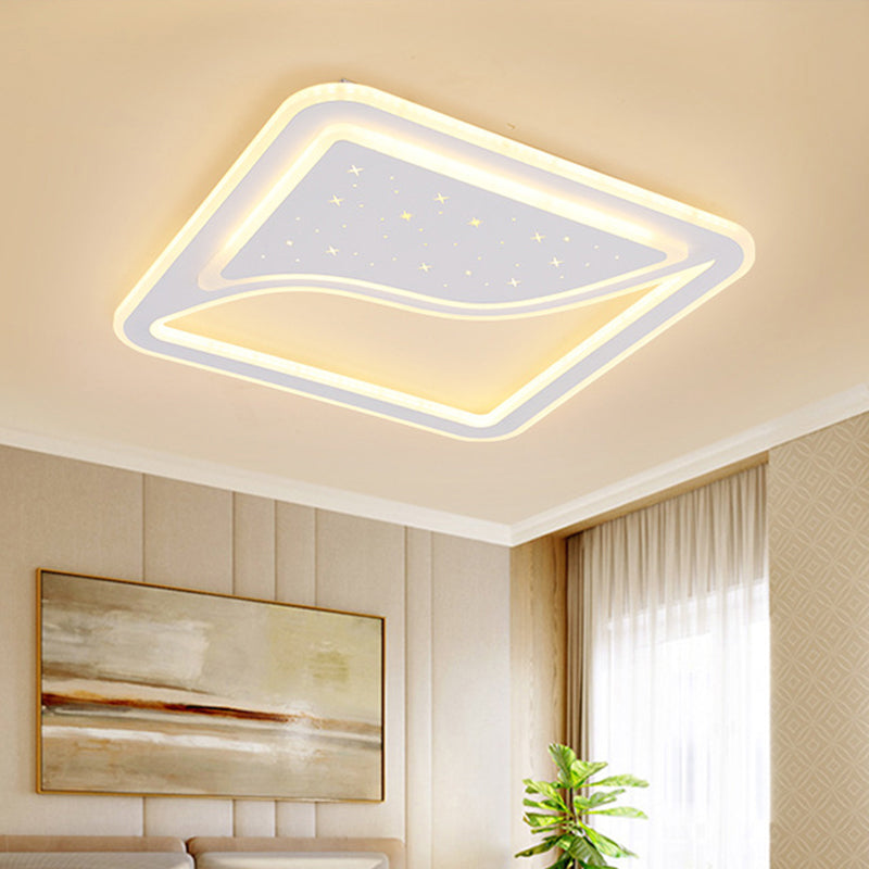 White Square/Rectangular LED Ceiling Lamp 19"/35.5" W Modernist Acrylic Curved Starry Sky Design Flush Lighting, Warm/White Light