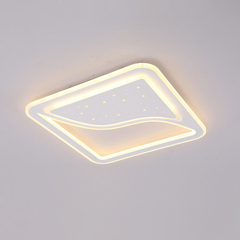 White Square/Rectangular LED Ceiling Lamp 19"/35.5" W Modernist Acrylic Curved Starry Sky Design Flush Lighting, Warm/White Light