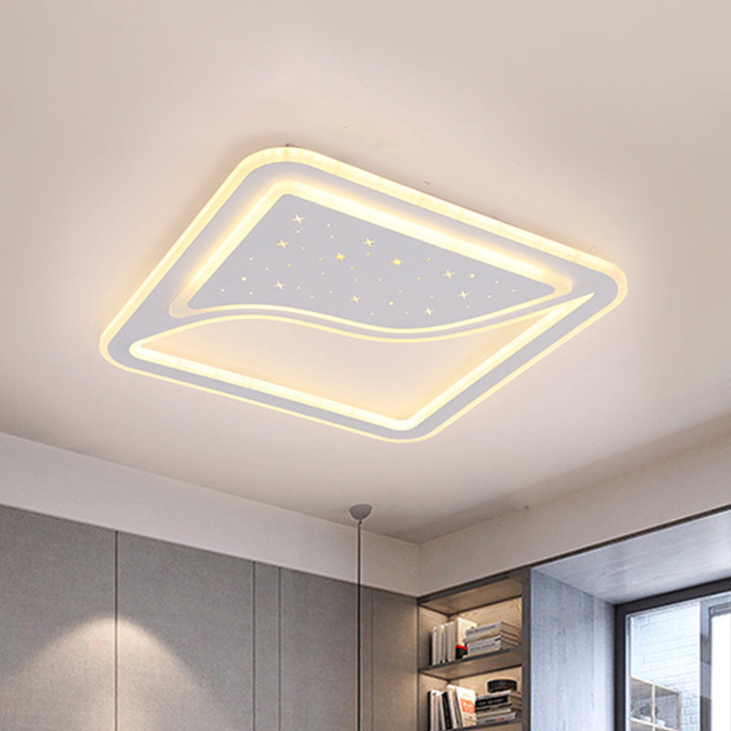 White Square/Rectangular LED Ceiling Lamp 19"/35.5" W Modernist Acrylic Curved Starry Sky Design Flush Lighting, Warm/White Light