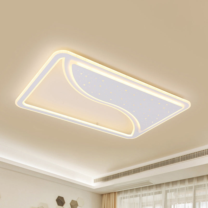 White Square/Rectangular LED Ceiling Lamp 19"/35.5" W Modernist Acrylic Curved Starry Sky Design Flush Lighting, Warm/White Light