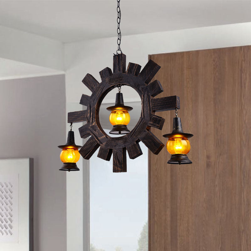 Amber Glass Black Chandelier Light Kerosene 3 Lights Factory Ceiling Hang Fixture for Living Room