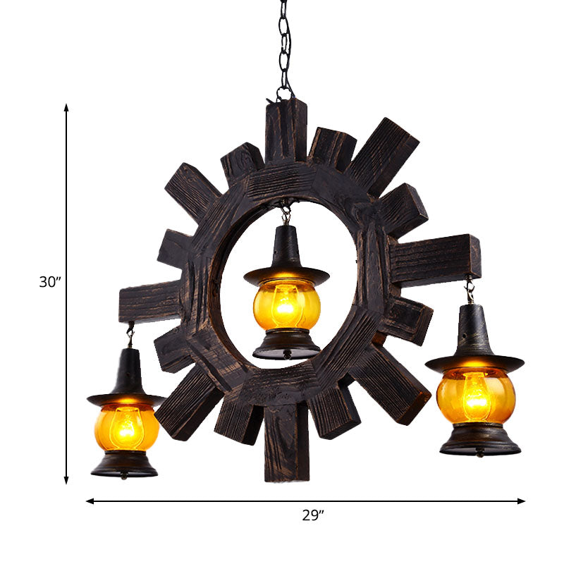 Amber Glass Black Chandelier Light Kerosene 3 Lights Factory Ceiling Hang Fixture for Living Room