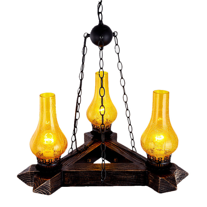 3 Lights Amber Crackle Glass Ceiling Chandelier Retro Dark Wood Vase Restaurant Suspension Light