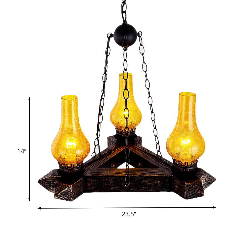 3 Lights Amber Crackle Glass Ceiling Chandelier Retro Dark Wood Vase Restaurant Suspension Light