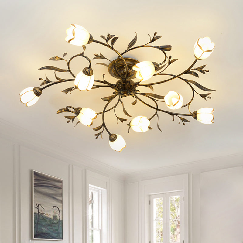 10 Lights Opal Glass Semi-Flush Mount Rustic Brass Blossom Dining Room Ceiling Lighting