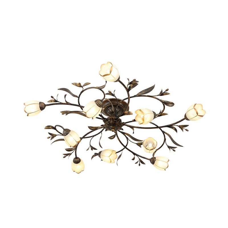 10 Lights Opal Glass Semi-Flush Mount Rustic Brass Blossom Dining Room Ceiling Lighting