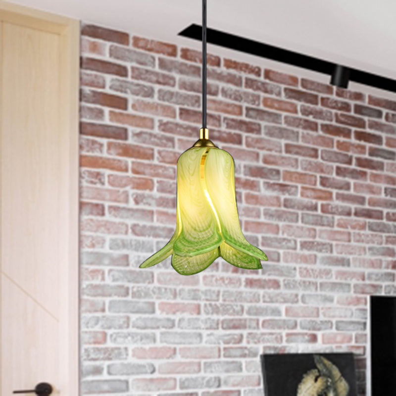 Countryside Bell-Shaped Pendant Lighting 1 Light White/Green/Purple Glass Ceiling Hang Fixture for Bedroom