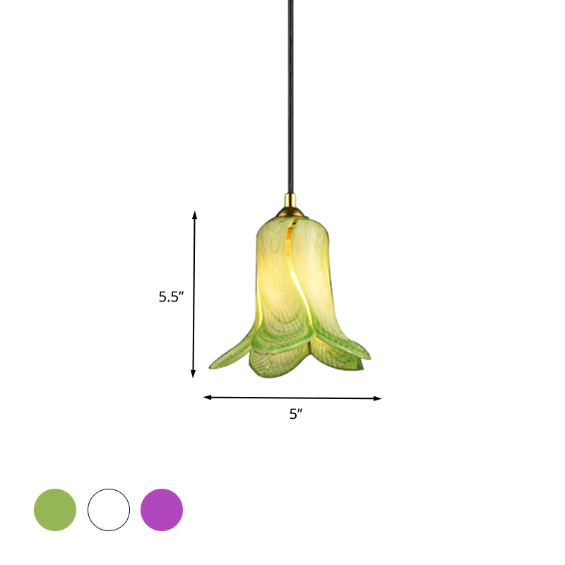 Countryside Bell-Shaped Pendant Lighting 1 Light White/Green/Purple Glass Ceiling Hang Fixture for Bedroom