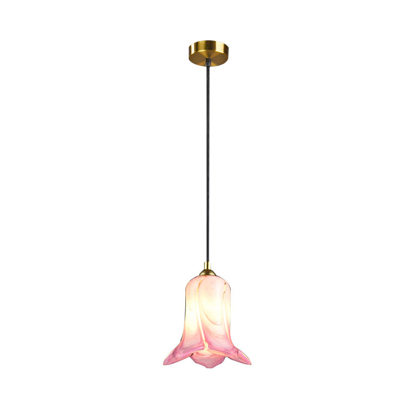 Countryside Bell-Shaped Pendant Lighting 1 Light White/Green/Purple Glass Ceiling Hang Fixture for Bedroom