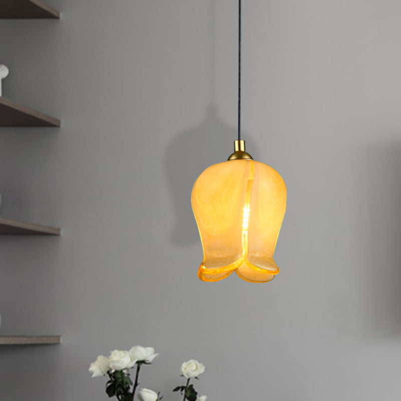 1 Light Blossom Drop Pendant Rustic White/Yellow Glass Ceiling Suspension Lamp for Bedroom