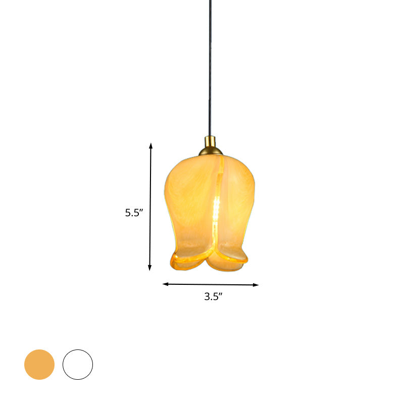 1 Light Blossom Drop Pendant Rustic White/Yellow Glass Ceiling Suspension Lamp for Bedroom