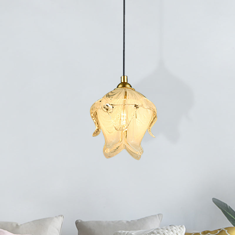 1 leichte Schlafzimmer -Drop -Lampe Traditionelle Messing -Hanglampe mit blumiger klarem Kristallschatten