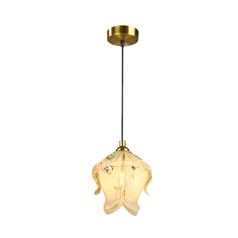 1 Light Bedroom Drop Lamp Traditional Style Brass Hanging Lamp with Floral Clear Crystal Shade