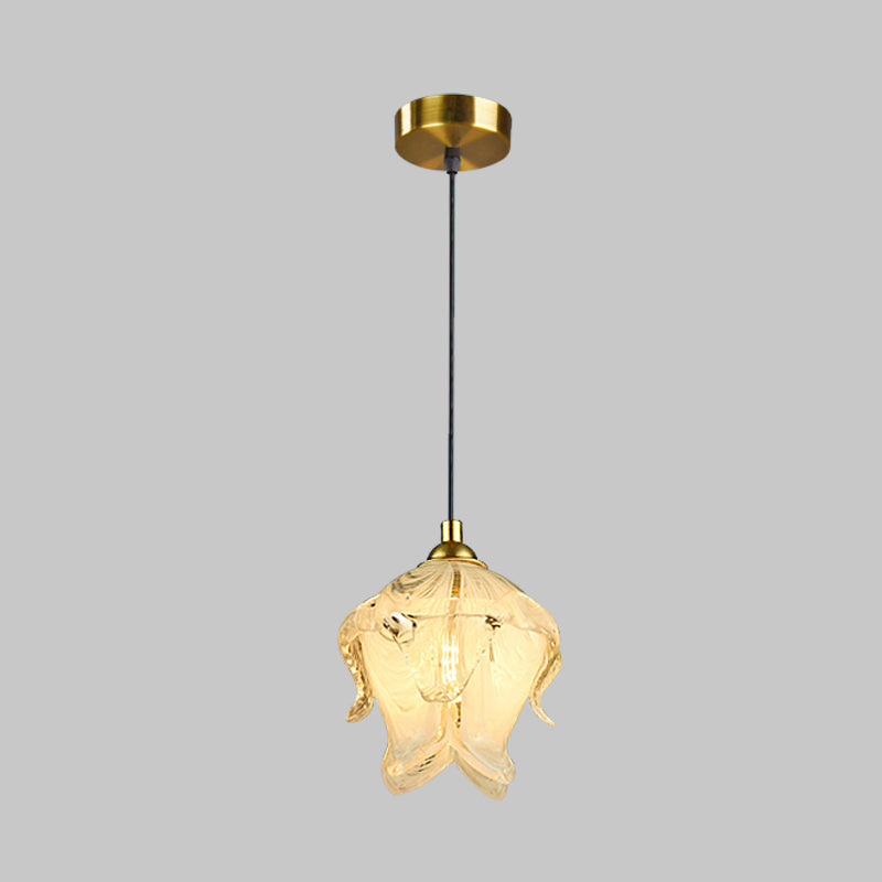 1 Light Bedroom Drop Lamp Traditional Style Brass Hanging Lamp with Floral Clear Crystal Shade